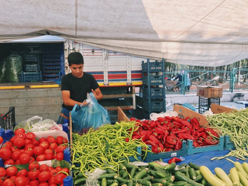 A young boy selling Vegetables and fruits